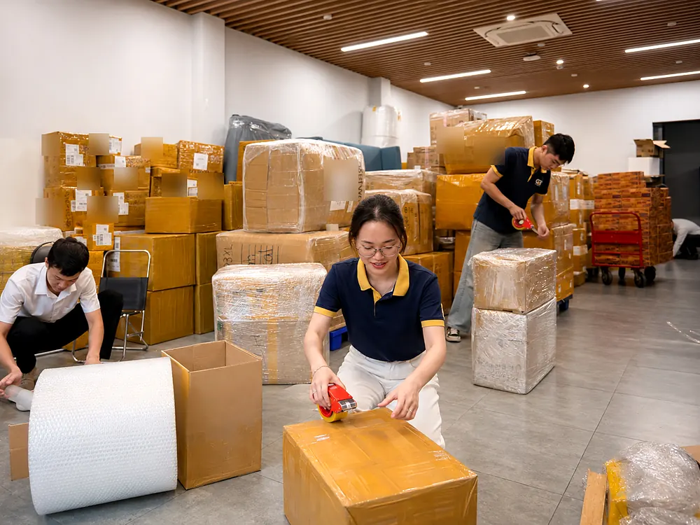 Đóng gói hàng hóa tại Gia Phú Express trước khi gửi đi Macau