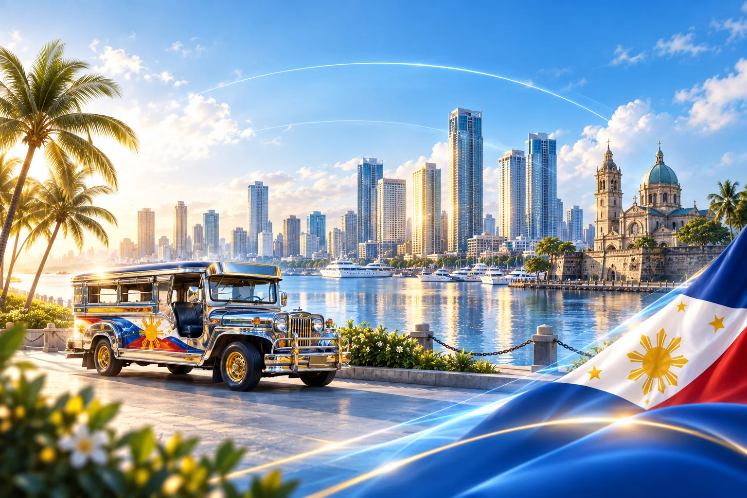 Minh họa Manila, xe jeepney và cờ Philippines