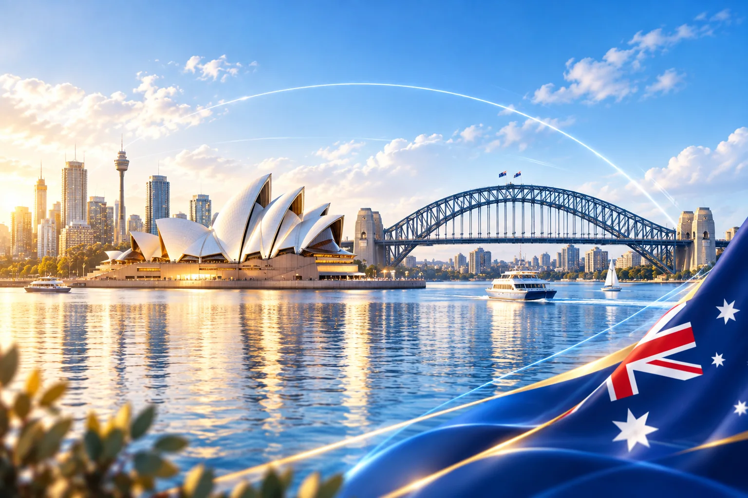 Minh họa nhà hát Opera Sydney, cầu cảng và cờ Úc