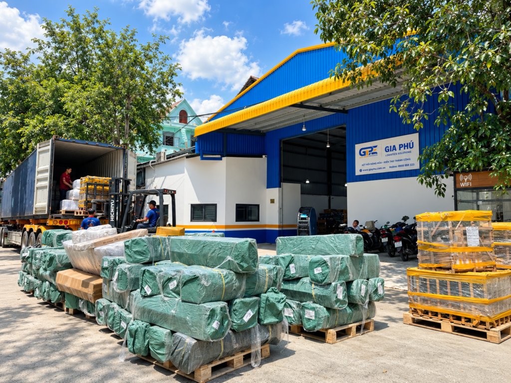 Tập kết hàng đóng kiện và xếp container tại kho Gia Phú