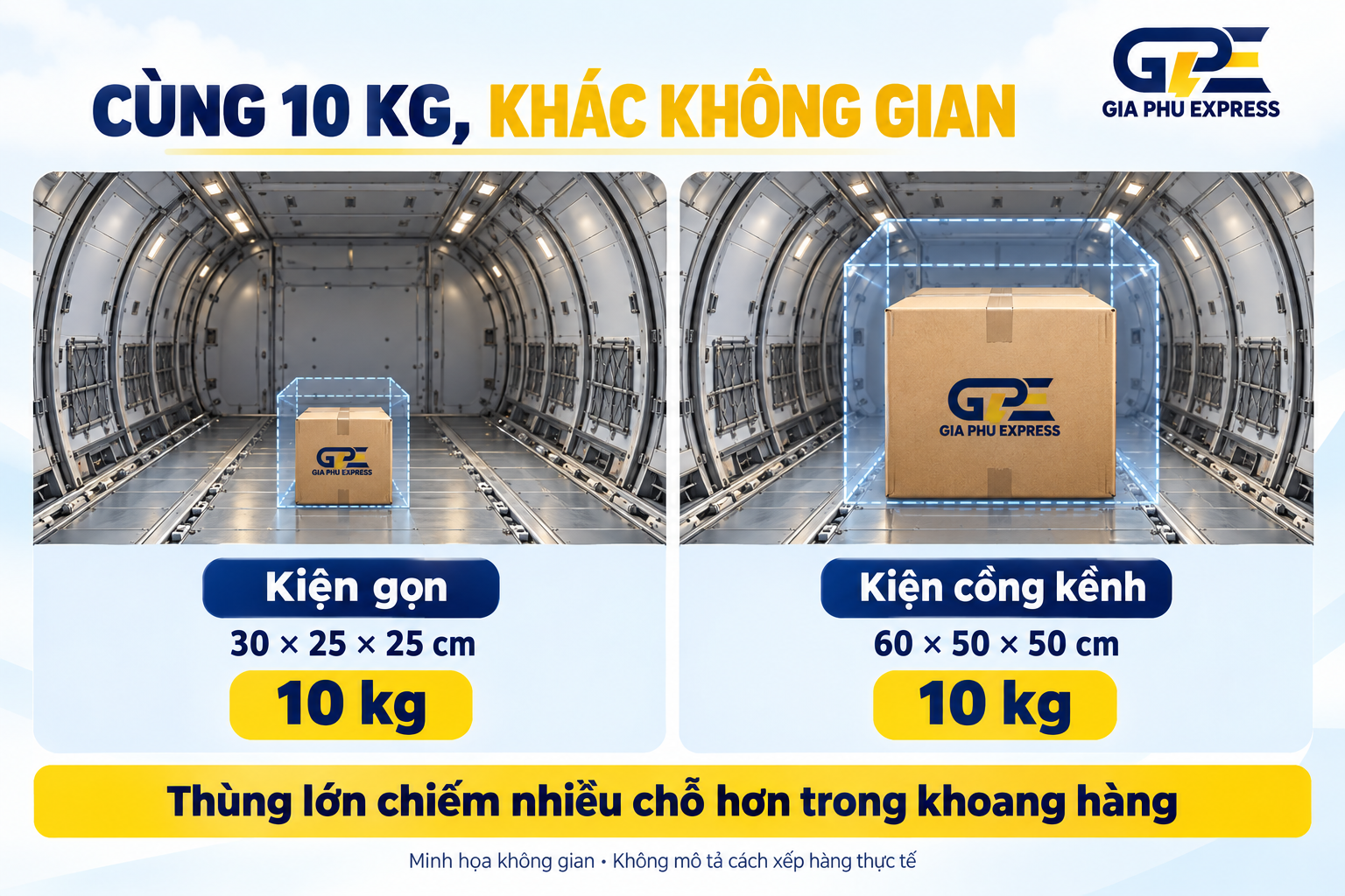 Hai kiện cùng 10 kg nhưng khác thể tích: 30 × 25 × 25 cm và 60 × 50 × 50 cm. Kiện lớn chiếm không gian gấp 8 lần.